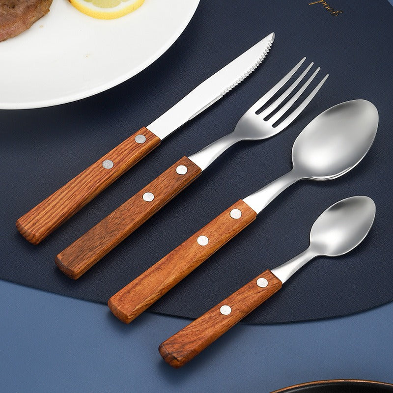 Rosewood & Stainless Steel Tableware Set - Knife, Fork, Spoon, Chopstic