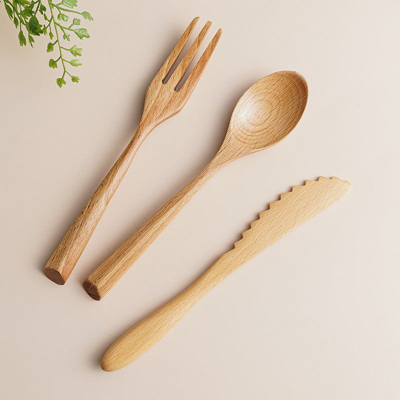 Wooden Tableware - Three Piece Set Of Solid Natural Wood