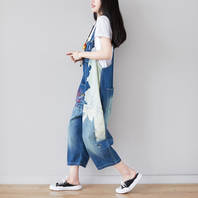 Asymmetric Cropped Wide Leg Washed Overalls