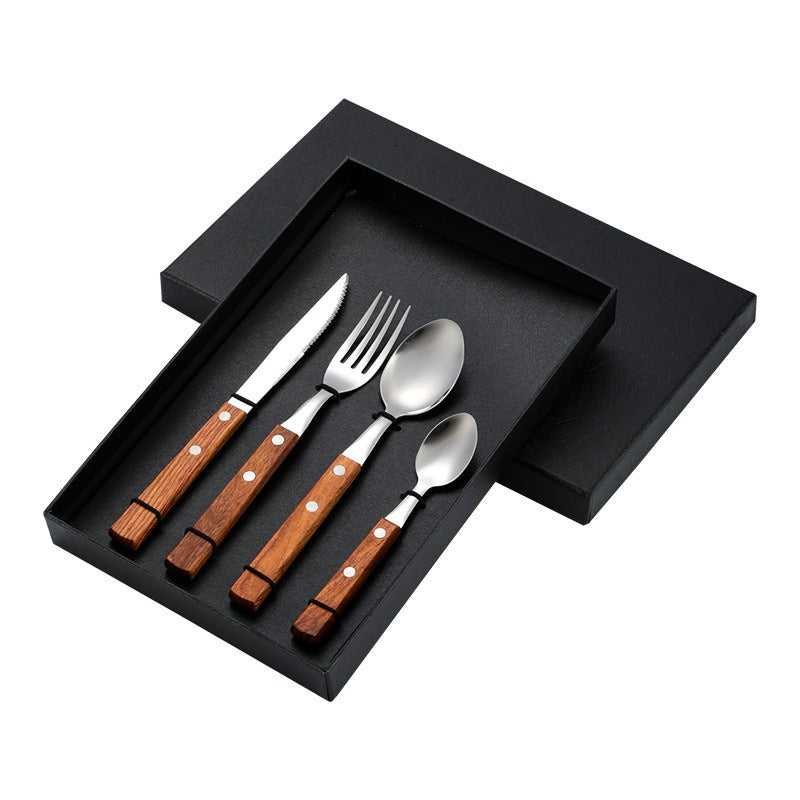 Rosewood & Stainless Steel Tableware Set - Knife, Fork, Spoon, Chopstic