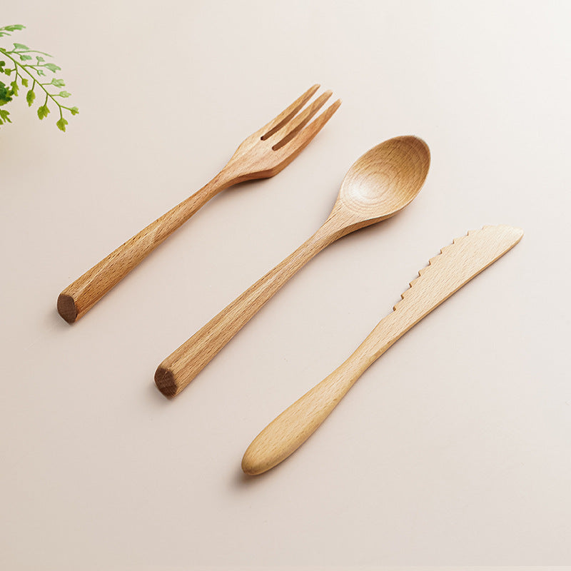 Wooden Tableware - Three Piece Set Of Solid Natural Wood