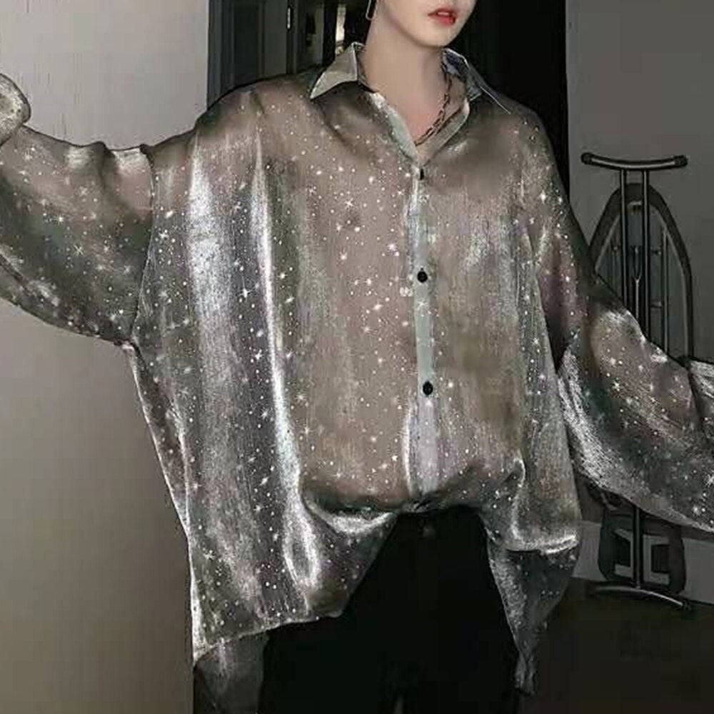 Starry Sky Long-sleeved Mesh Shirt - See Through Button Up