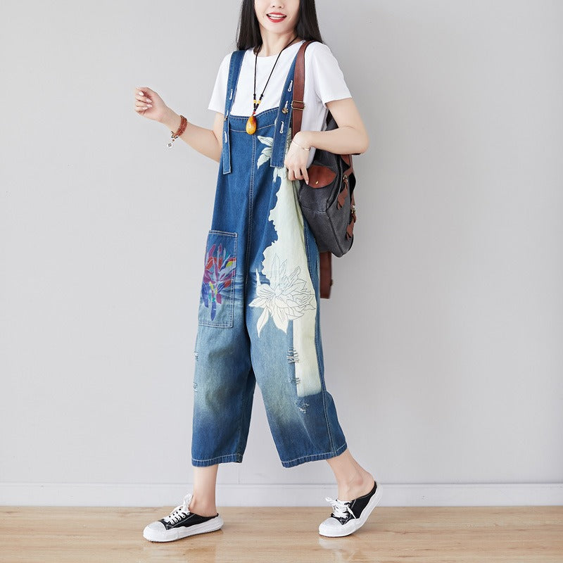 Asymmetric Cropped Wide Leg Washed Overalls