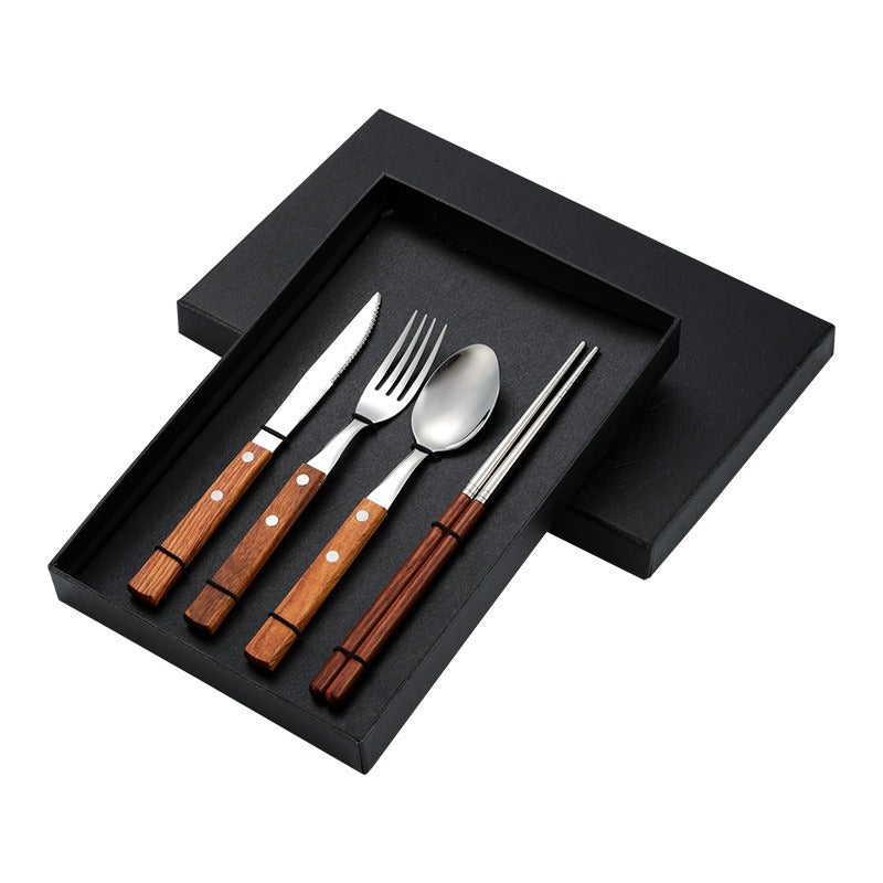 Rosewood & Stainless Steel Tableware Set - Knife, Fork, Spoon, Chopstic