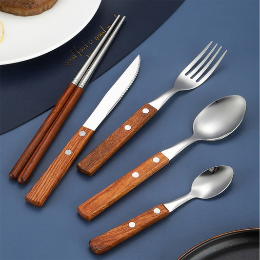 Rosewood & Stainless Steel Tableware Set - Knife, Fork, Spoon, Chopstic