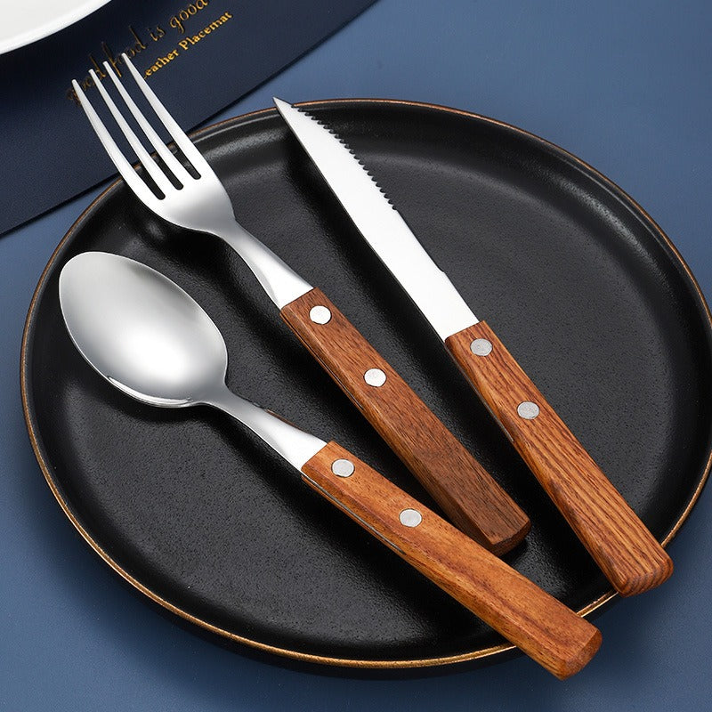 Rosewood & Stainless Steel Tableware Set - Knife, Fork, Spoon, Chopstic