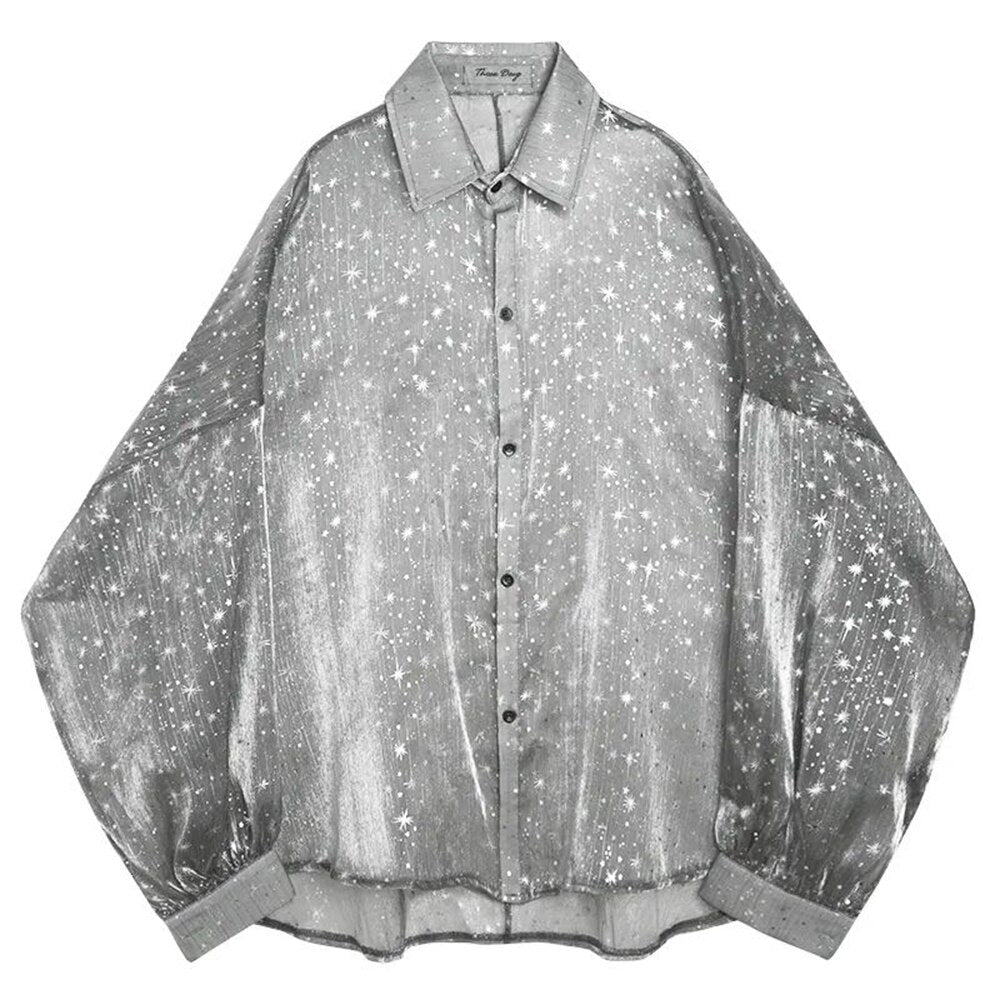 Starry Sky Long-sleeved Mesh Shirt - See Through Button Up