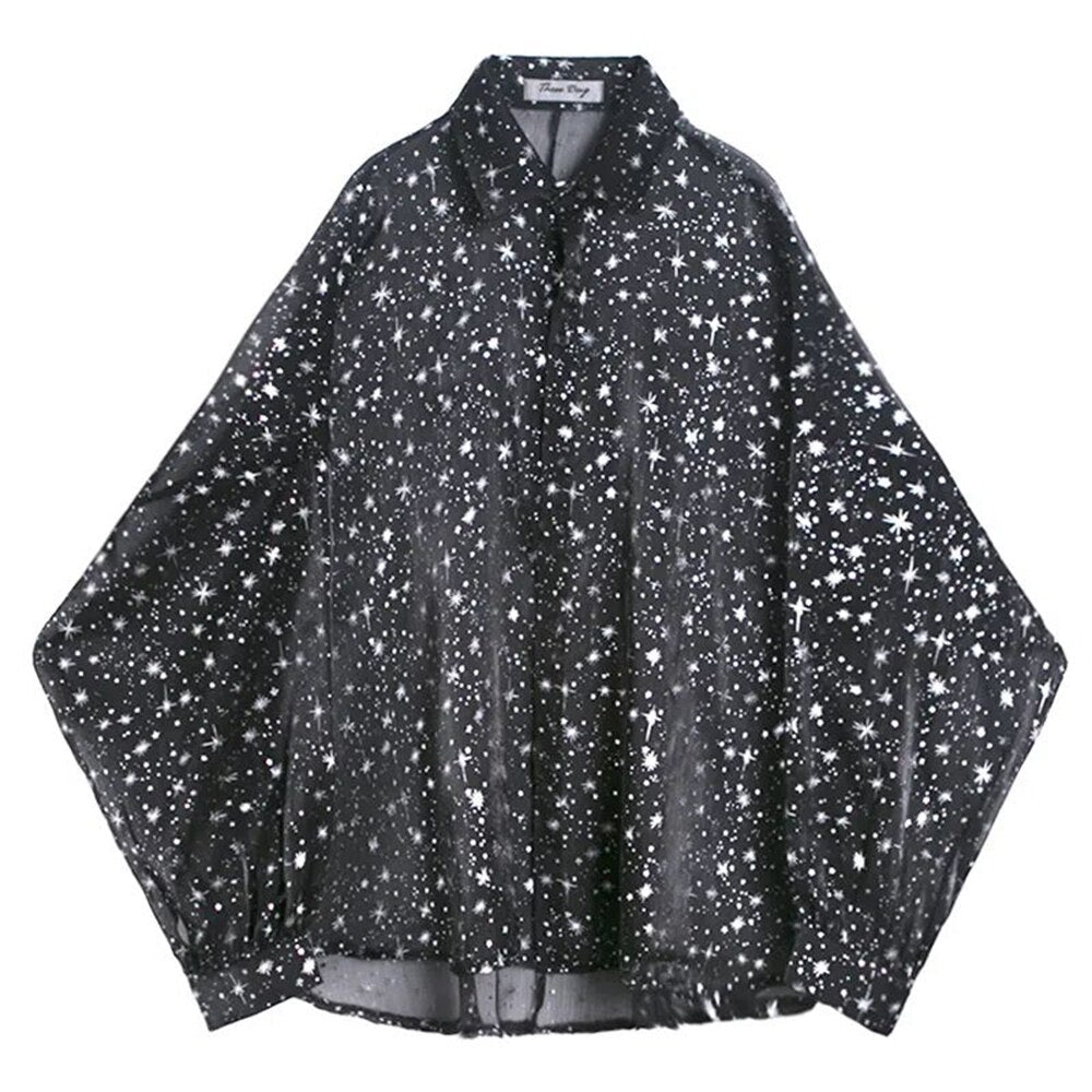 Starry Sky Long-sleeved Mesh Shirt - See Through Button Up