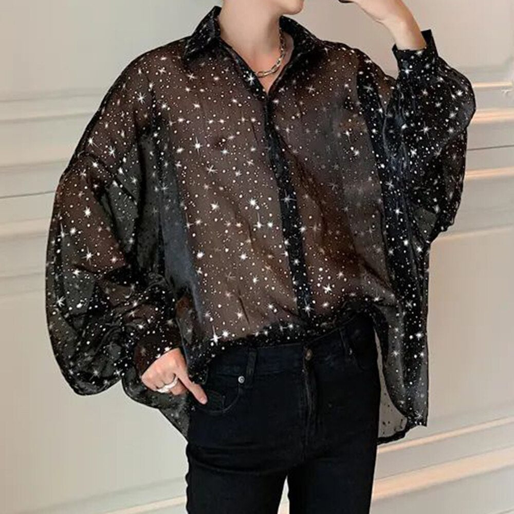 Starry Sky Long-sleeved Mesh Shirt - See Through Button Up