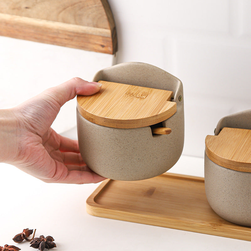 Japanese Ceramic Bamboo and Wood Seasoning Jar