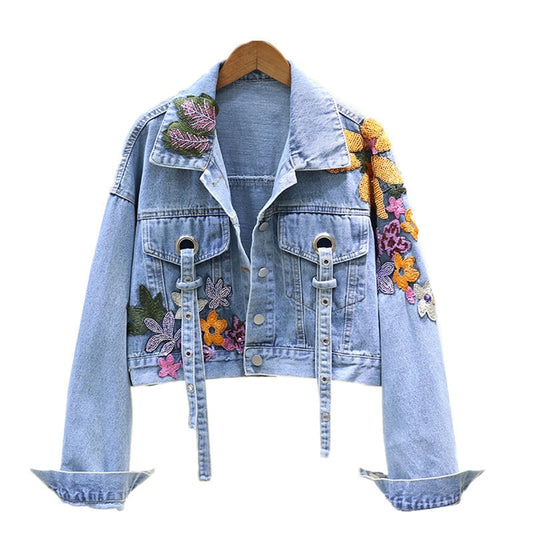 Autumn Denim Jacket - Flower Embroidery