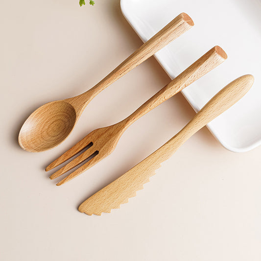 Wooden Tableware - Three Piece Set Of Solid Natural Wood