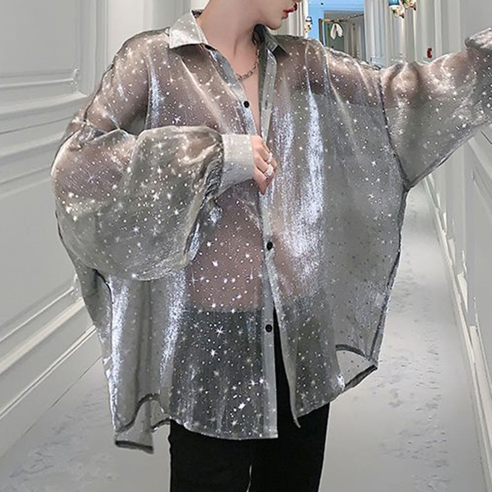 Starry Sky Long-sleeved Mesh Shirt - See Through Button Up