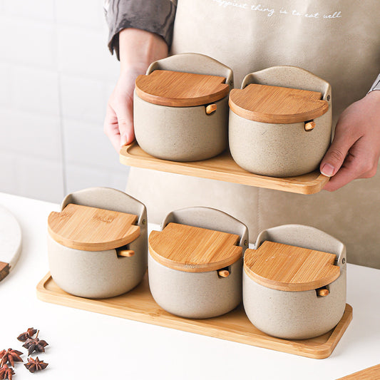 Japanese Ceramic Bamboo and Wood Seasoning Jar