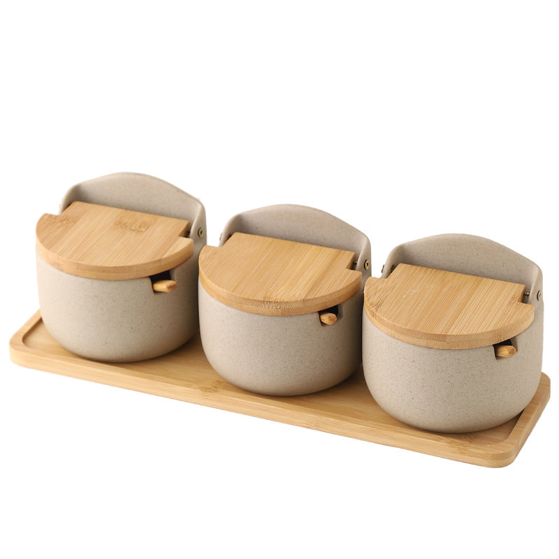 Japanese Ceramic Bamboo and Wood Seasoning Jar