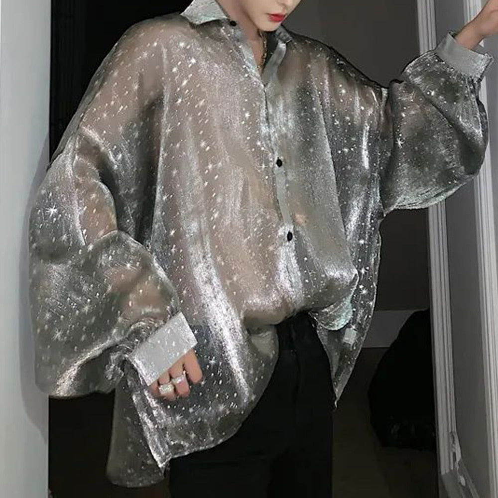 Starry Sky Long-sleeved Mesh Shirt - See Through Button Up