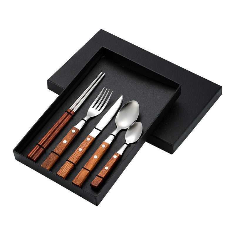 Rosewood & Stainless Steel Tableware Set - Knife, Fork, Spoon, Chopstic