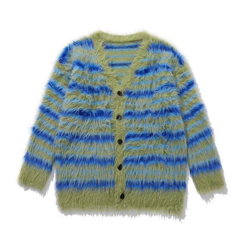 Striped Cardigan Sweater - Green & Blue V-Neck Cardigan