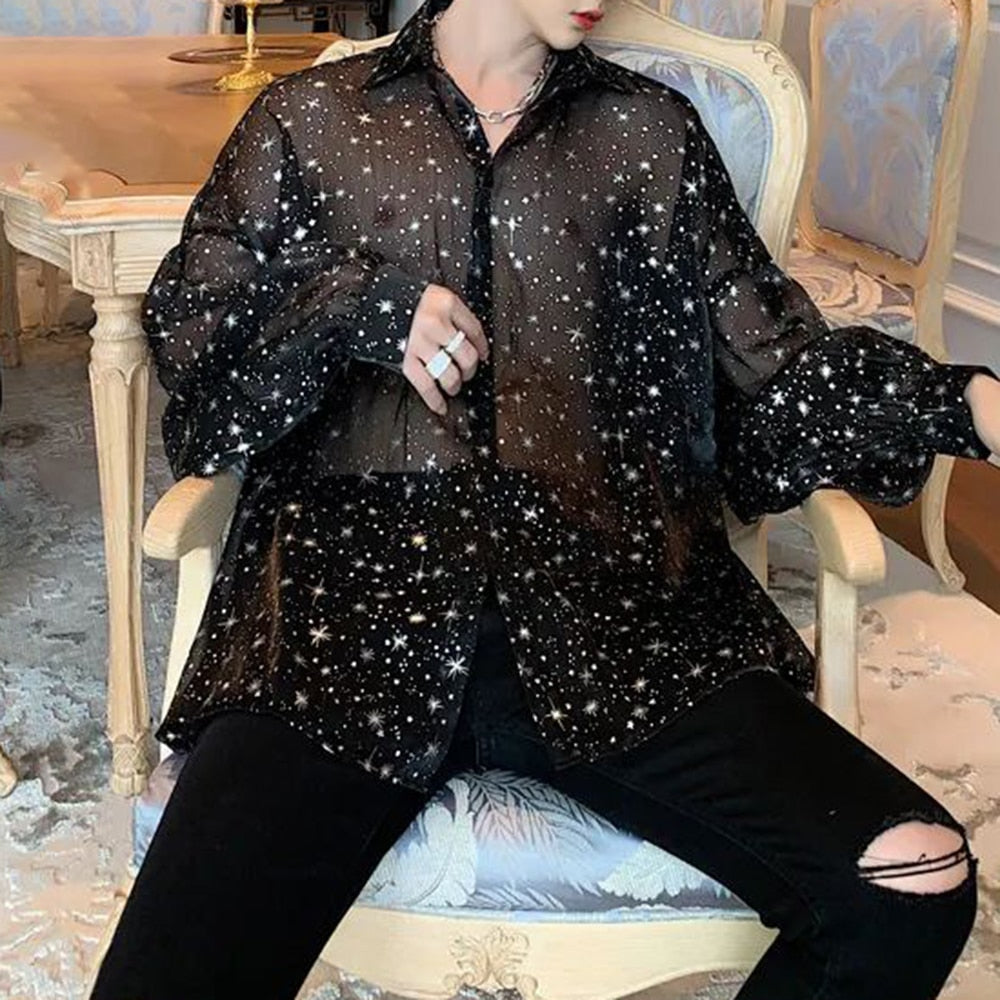 Starry Sky Long-sleeved Mesh Shirt - See Through Button Up