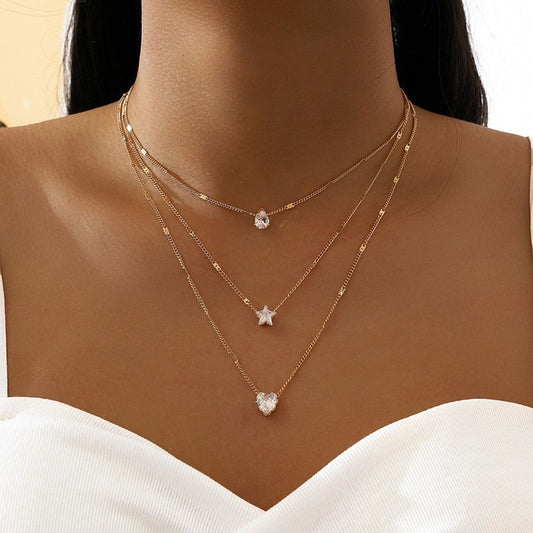 Crystal Heart Star Charm Layered Pendant Necklace