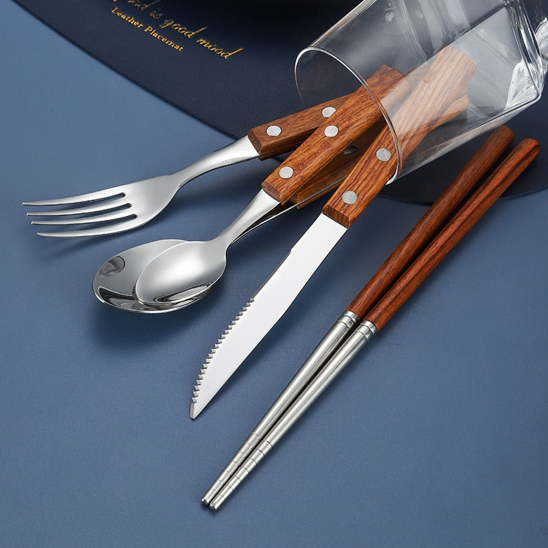 Rosewood & Stainless Steel Tableware Set - Knife, Fork, Spoon, Chopstic