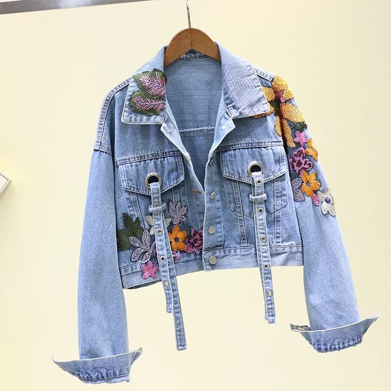 Autumn Denim Jacket - Flower Embroidery